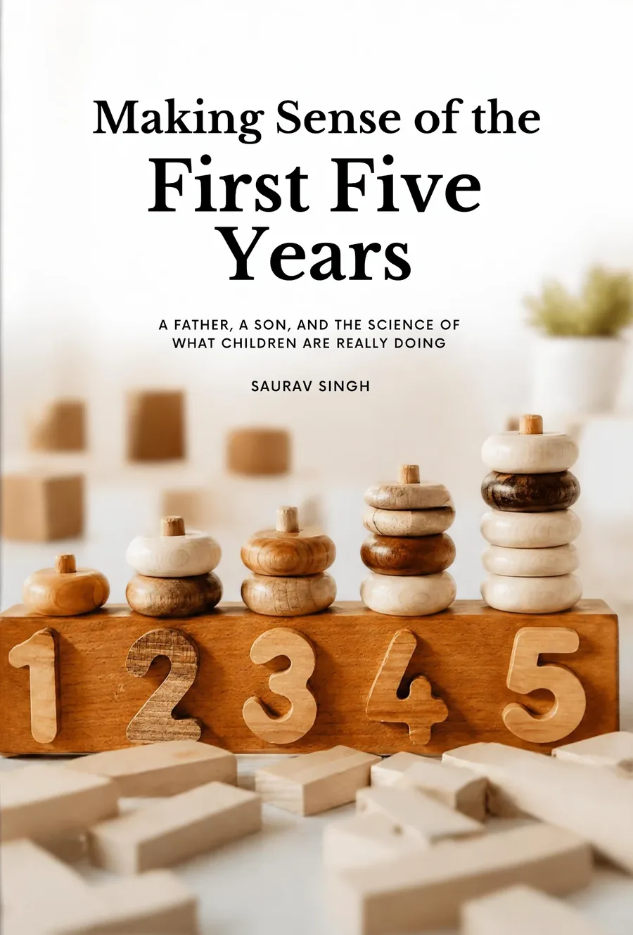 Cover of Making Sense of the First Five Years by Saurav Singh, showing wooden counting blocks and stacked wooden rings numbered one to five